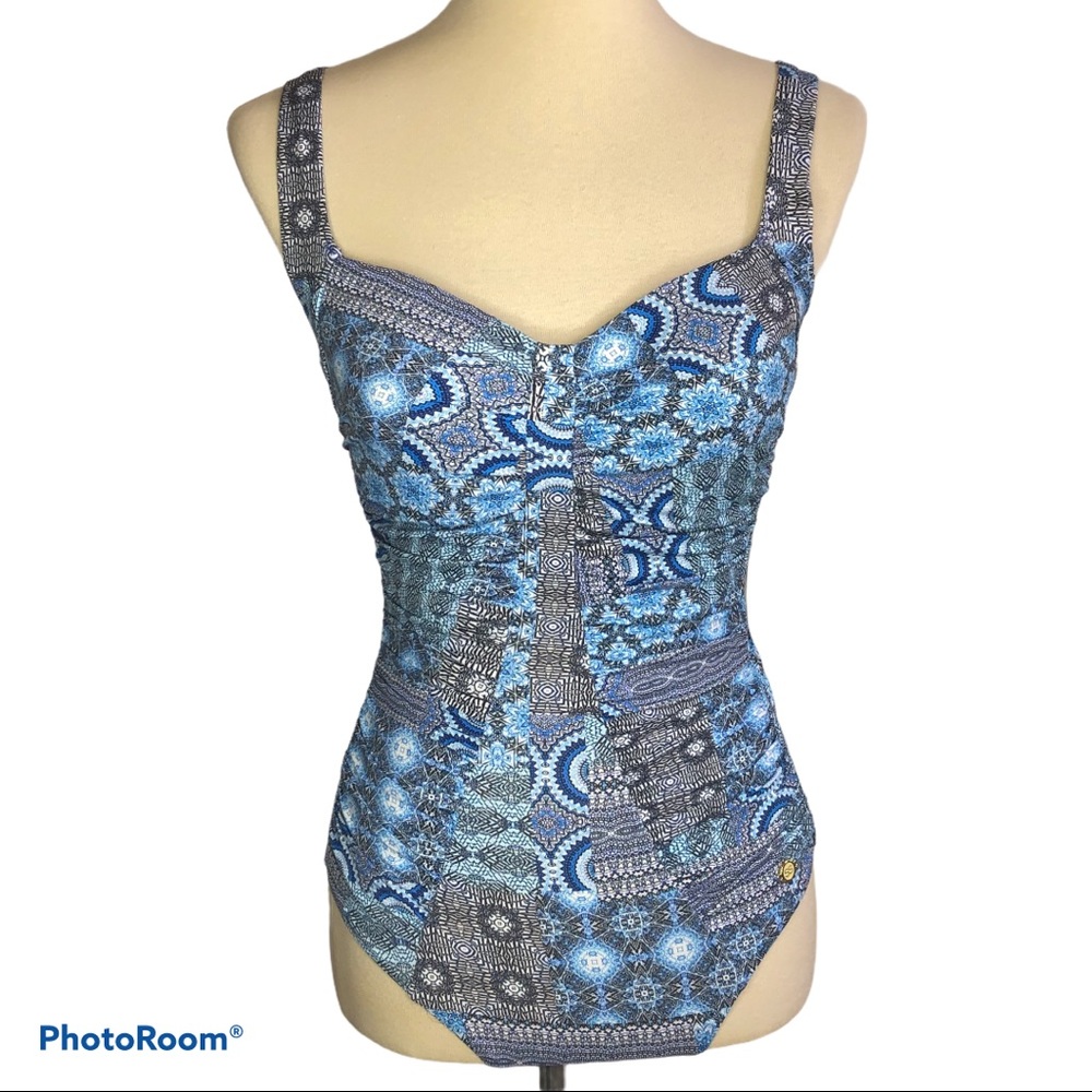 Sunseeker D Cup One Piece Swimsuit Blue Patchwork Print NWT Sz 8